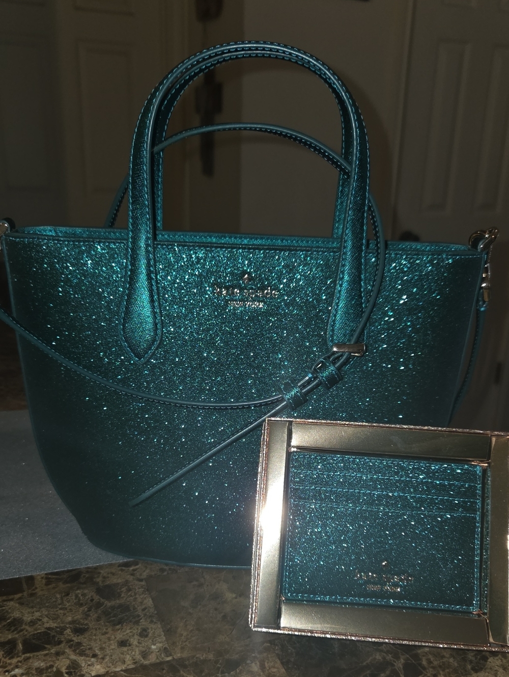Kate Spade Teal Glitter Satchel with Matching Cardholder Set